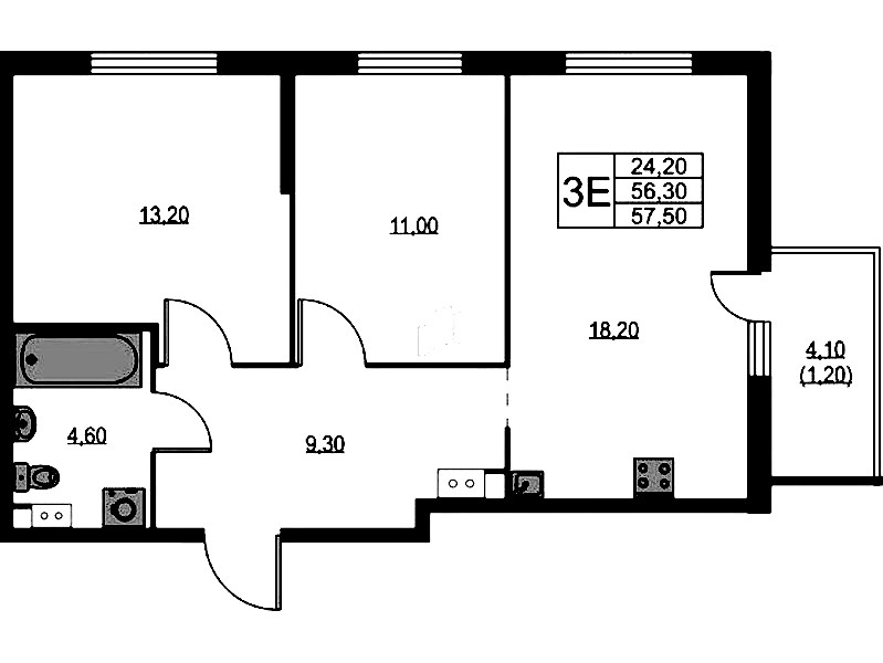 2-комнатная квартира 57.5 м², 3/11 эт., ЖК «А101 Лаголово»